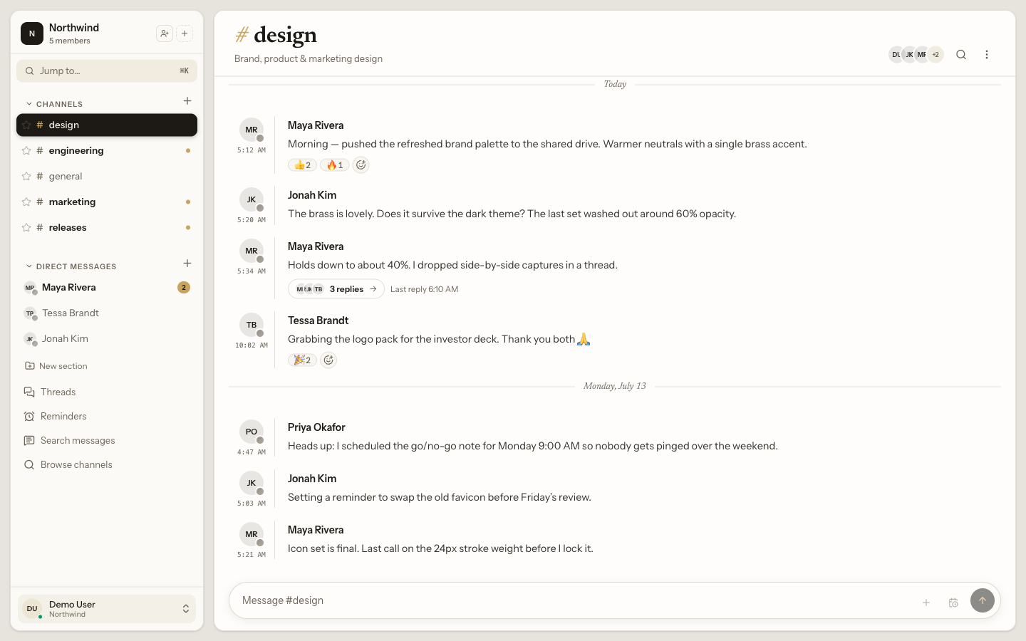The Desk workspace: the #design channel with a threaded conversation, reactions, and the channel sidebar